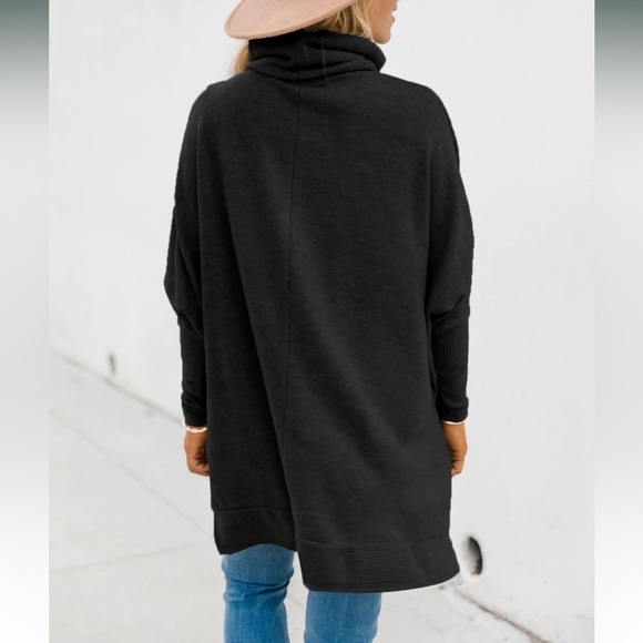 Casual Turtleneck Batwing Sleeve Side Slit Loose Knitted Pullover Tunic Sweater - Picture 6 of 12